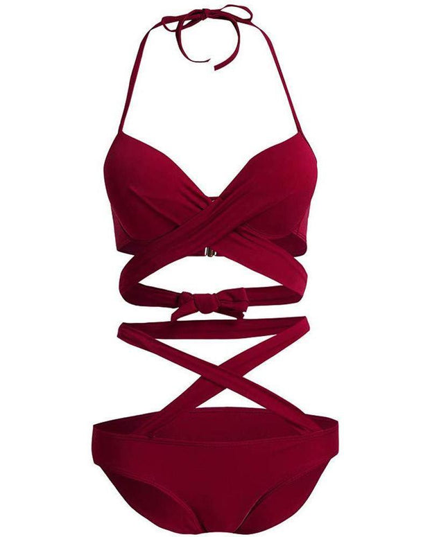Halter Low Cut Bandage Crisscross Bikini Set - Xmadstore