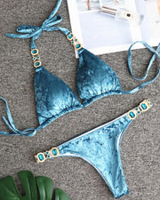 Sapphire Decoration Strappy Halter Bra With Panties Bikini Sets - Xmadstore