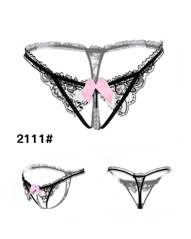 Lace Trim Bowknot Beaded Thong - Xmadstore