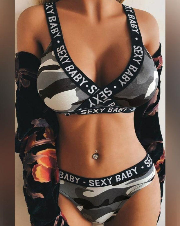 Letter Banded Patchwork Strap Bra With Panties Bikini Sets - Xmadstore