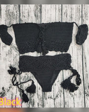 Solid Short Strap Cold Shoulder Bra With Panties Bikini Sets - Xmadstore