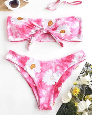 Daisy Print Sleeveless Bandeau With Panties Bikini Sets - Xmadstore