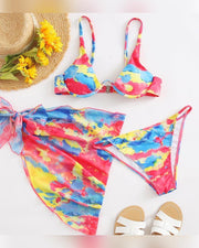 Multicolor Print Strap Bra With Panties And Apron Bikini Sets - Xmadstore