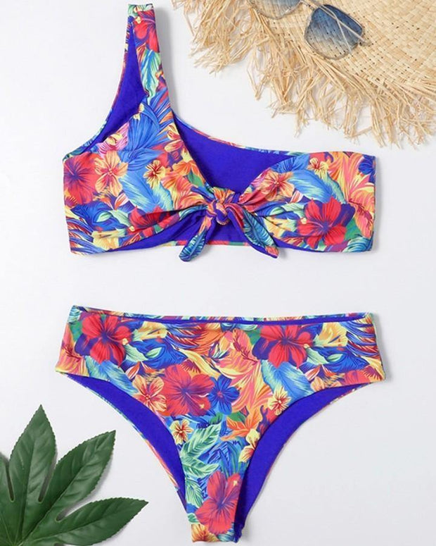 Floral Print One Shoulder Tanks With Panties Bikini Sets - Xmadstore
