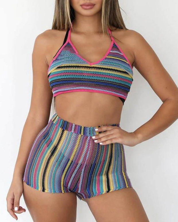 Multicolor Striped Strap Bra With High Waist Shorts Sexy Sets - Xmadstore