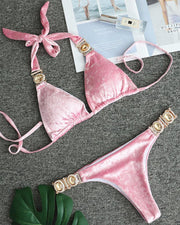 Solid Strap Crystal Decoration Bra With Panties Bikini Sets - Xmadstore