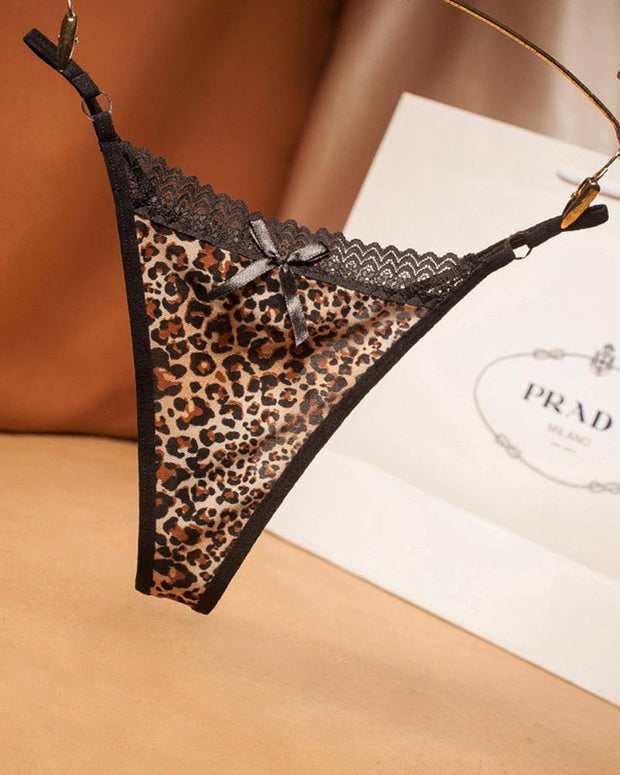 Sexy Leopard Splicing Lace Bow Thong Panties - Xmadstore