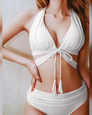 Solid Sleeveless Skinny Strappy Bra With Panties Bikini Sets - Xmadstore