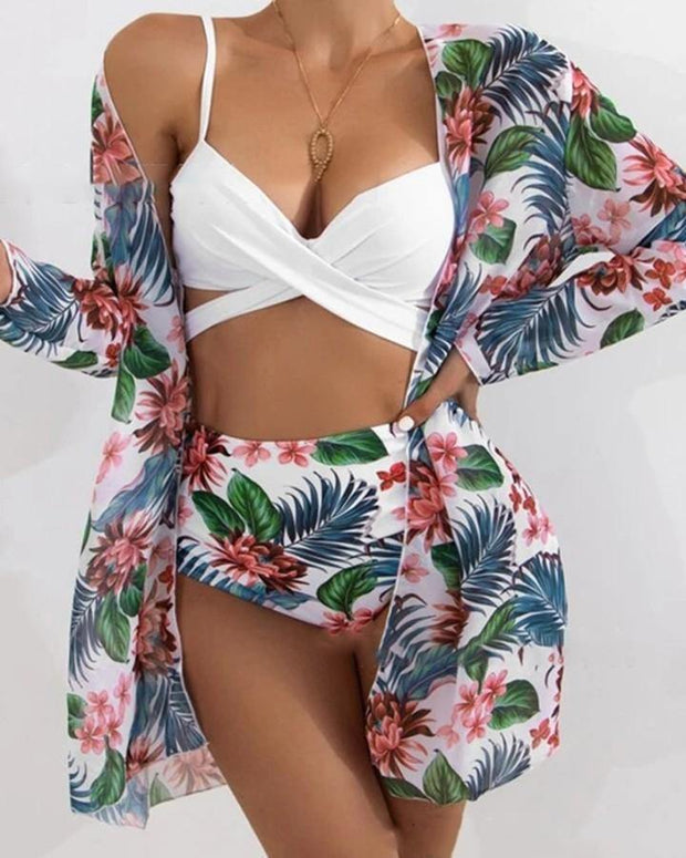 Solid Color Sling Tube Top And Floral Print Long Sleeve Coat And Panties Bikini Sets - Xmadstore