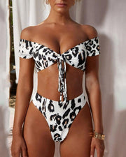 Leopard Short Sleeve Off Shoulder Bra With Panties Bikini Sets - Xmadstore