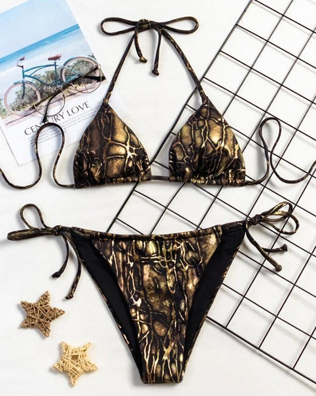 Snakeskin Strappy Bra With Strappy Panties Bikini Sets - Xmadstore