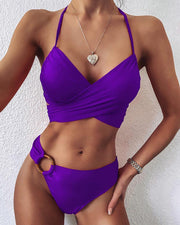 Halter Cheetah Print O-Ring Decor Bikini Set - Xmadstore
