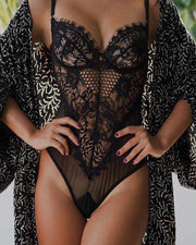 Eyelash Lace Hollow Out Sheer Mesh Teddy - Xmadstore