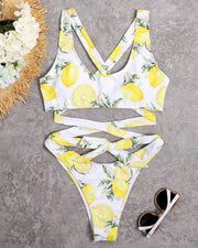 Lemon Print Strappy Skinny Bra With Panties Bikini Sets - Xmadstore