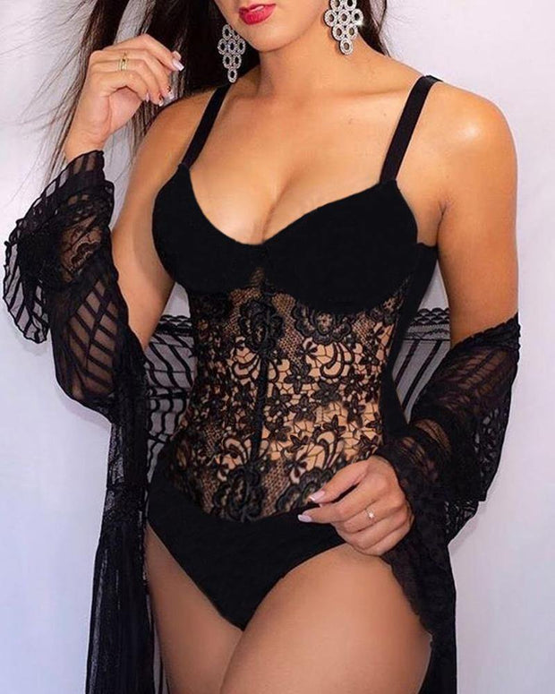 Spaghetti Strap Crochet Lace Hollow Out Teddy - Xmadstore