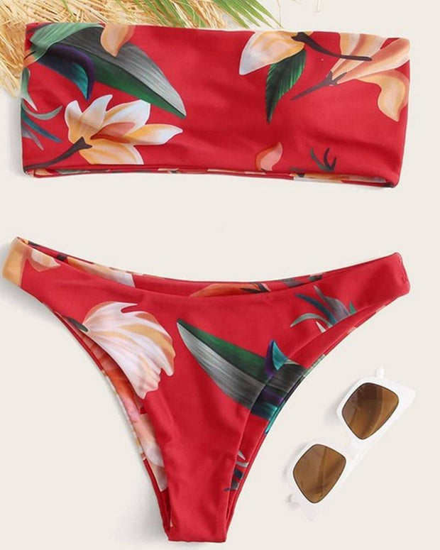 Floral Print Sleeveless Skinny Bandeau With Panties Bikini Sets - Xmadstore