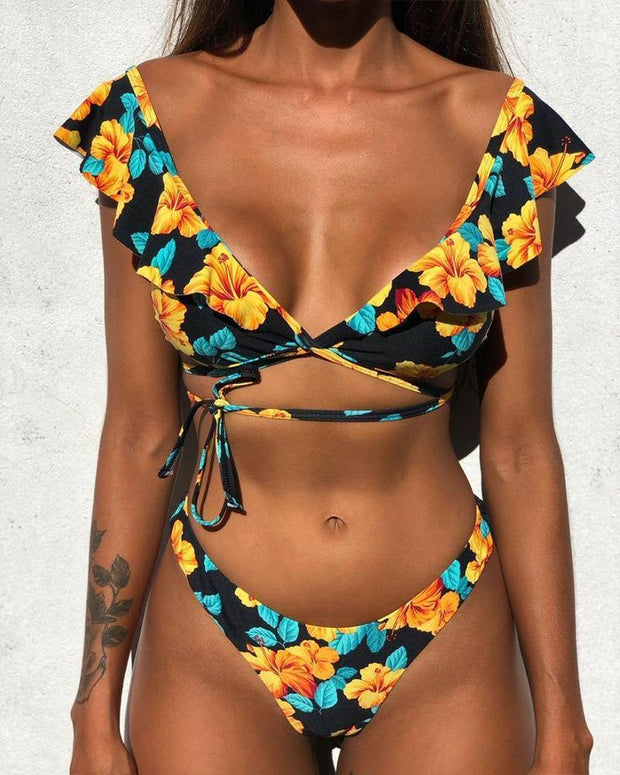 Flower Print Sleeveless Ruffles Bra With Panties Bikini Sets - Xmadstore