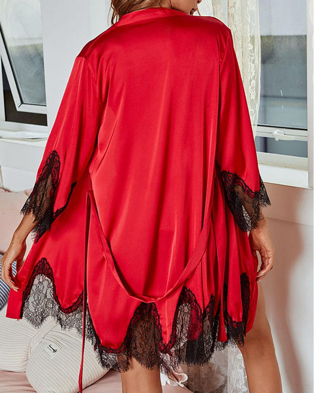 Satin Eyelash Lace Tied Detail Cami Set With Robe