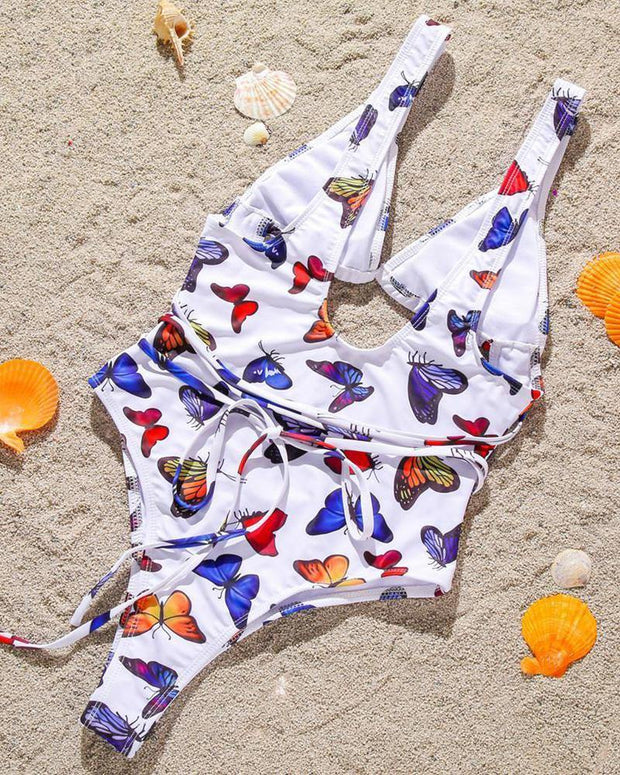 Butterfly Print Sleeveless Cut-out Bikini Sets - Xmadstore