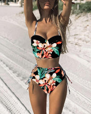Floral Print Strap Skinny Cropped Tans With Panties Bikini Sets - Xmadstore