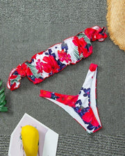 Rouge Floral Print Short Sleeve Off Shoulder Bra With Panties Bikini Sets - Xmadstore