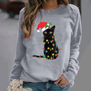Fashion Christmas cat print long-sleeved round neck hoodless sweater women