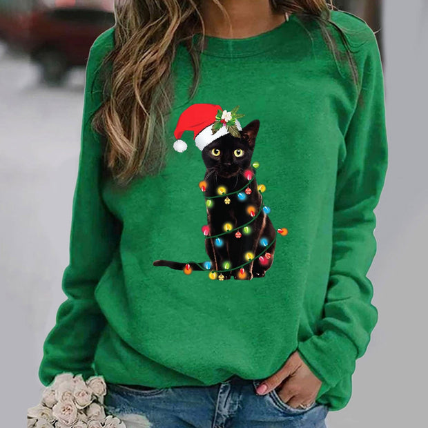 Fashion Christmas cat print long-sleeved round neck hoodless sweater women
