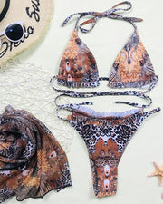 Snakeskin Print Strap Bra With Panties And Apront 3PS Bikini Sets - Xmadstore