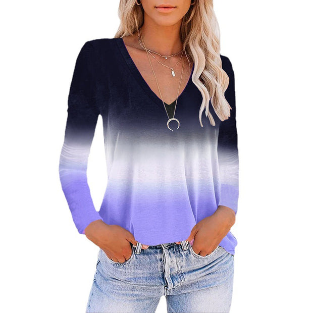 V-neck long-sleeved gradient women's T-shirt