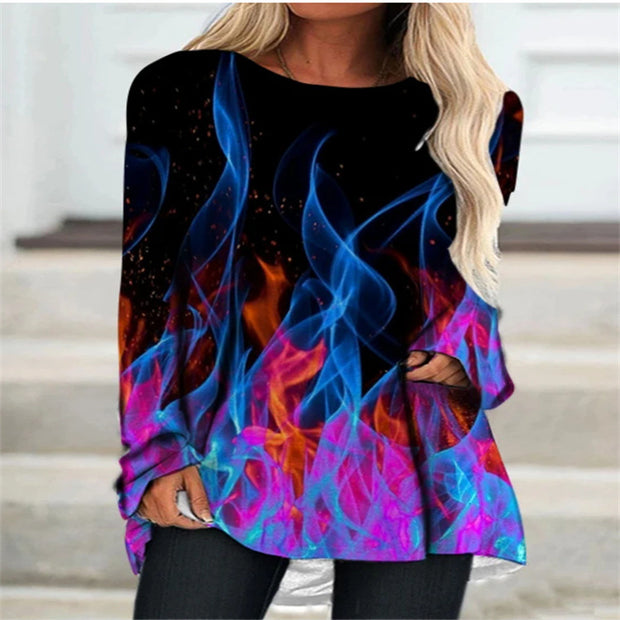 Floral print round neck long sleeve ladies bottoming shirt