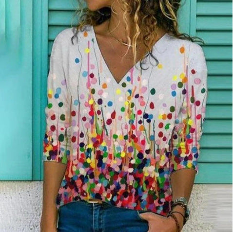 Fashion commuter style stunning printed V-neck long-sleeved T-shirt