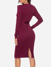 V-neck solid color long-sleeved button-decorated belt long-sleeved bodycon dress