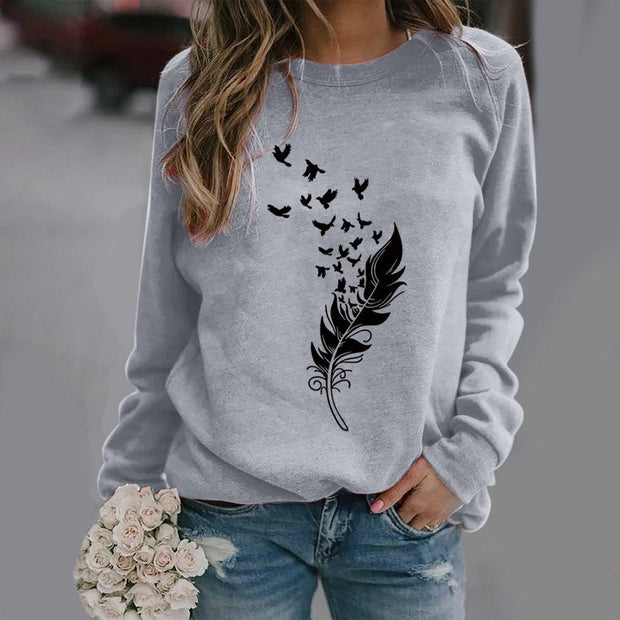 Feather fun pattern printed long-sleeved round neck sweater