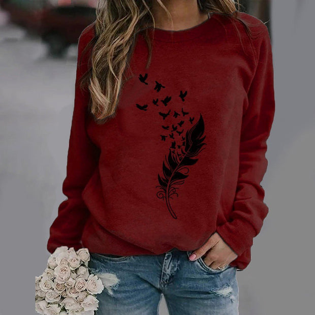 Feather fun pattern printed long-sleeved round neck sweater