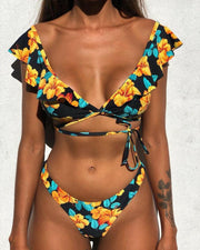Flower Print Sleeveless Ruffles Bra With Panties Bikini Sets - Xmadstore