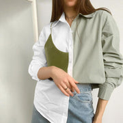 Fashion contrast color commuter shirt women's stitching PU leather fake two long-sleeved loose shirts