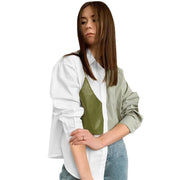Fashion contrast color commuter shirt women's stitching PU leather fake two long-sleeved loose shirts