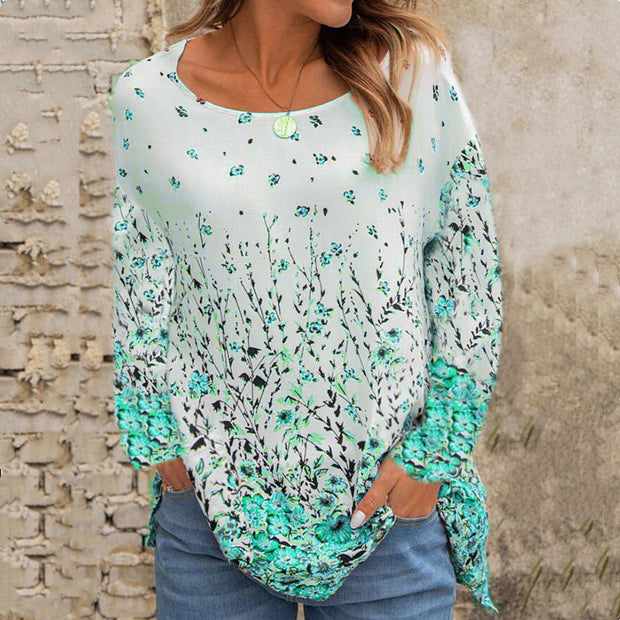 Round neck loose floral print long-sleeved top t-shirt