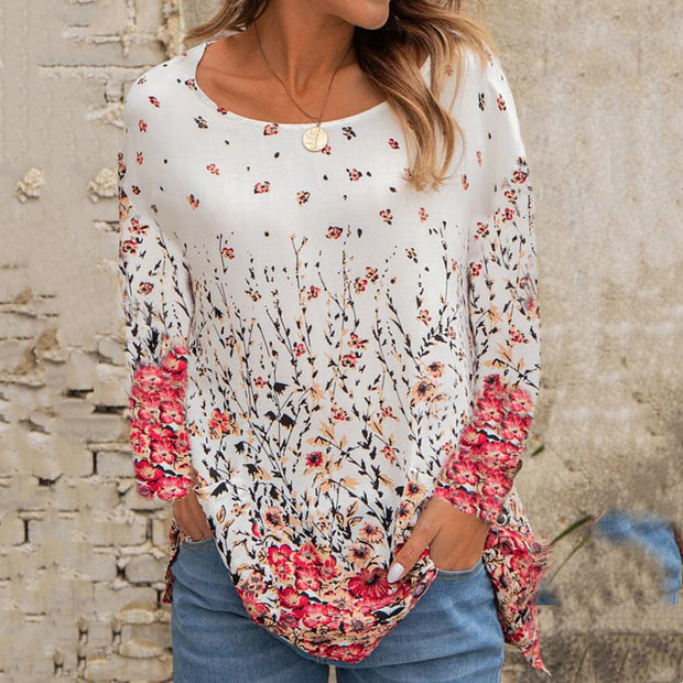 Round neck loose floral print long-sleeved top t-shirt