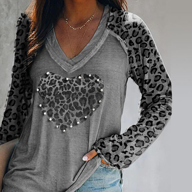 Casual Printed Nail Drill Pullover Long Sleeve V-neck Loose Women's T-shirt
