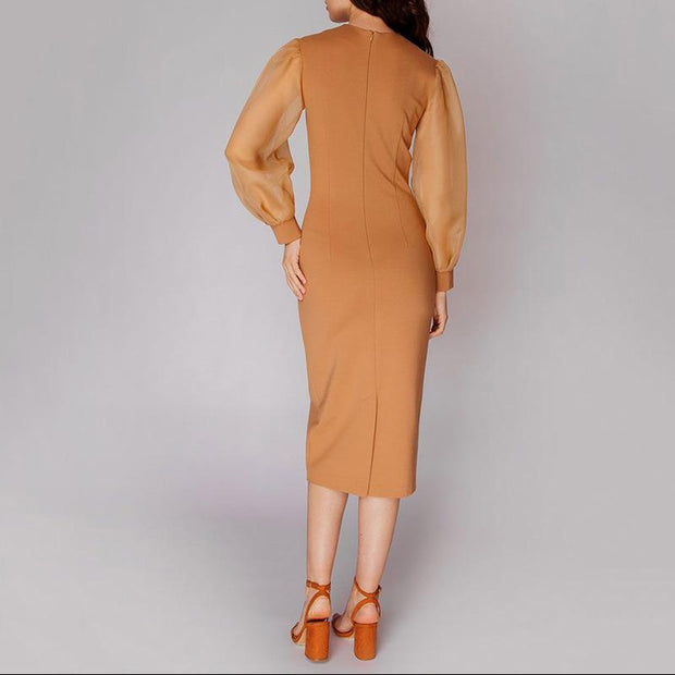 Mesh stitching puff sleeve solid color round neck long dress women's clothing