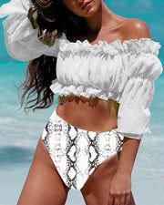 Solid Chiffon Long Sleeve Blouse With Snakeskin Panties Bikini Sets - Xmadstore