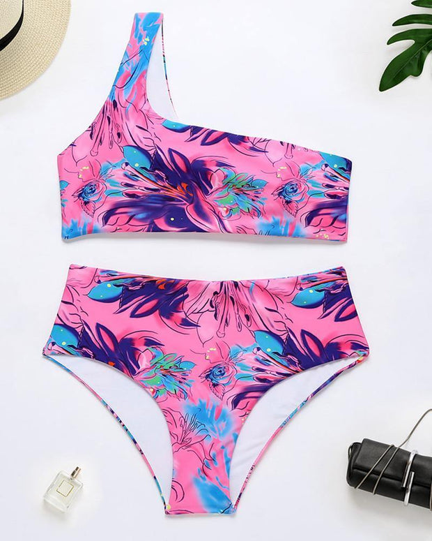 Floral Print Strap One Shoulder Tanks With Panties Bikini Sets - Xmadstore