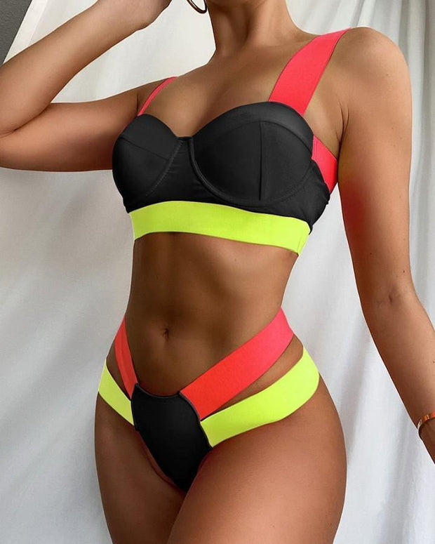 Colorblock Sleeveless Bra With Panties Bikini Sets - Xmadstore