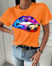 Fashion  spring and summer rainbow printing short-sleeved T-shirt