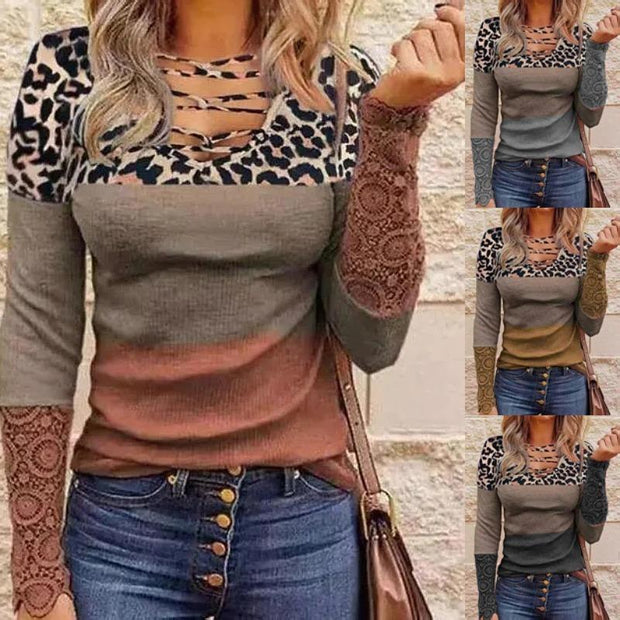 Fashionable lace long-sleeved V-neck printed women's T-shirt