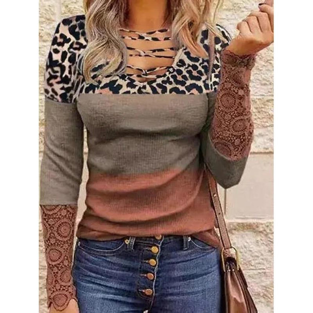 Fashionable lace long-sleeved V-neck printed women's T-shirt