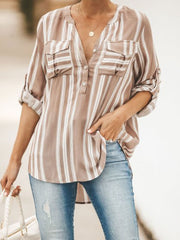 Fashion casual striped stand collar pocket cuff length two wear ladies shirt