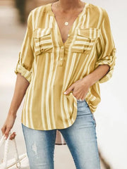 Fashion casual striped stand collar pocket cuff length two wear ladies shirt
