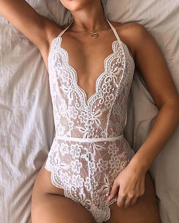 Scalloped  Lace Trim Sheer Teddy Bodysuit - Xmadstore